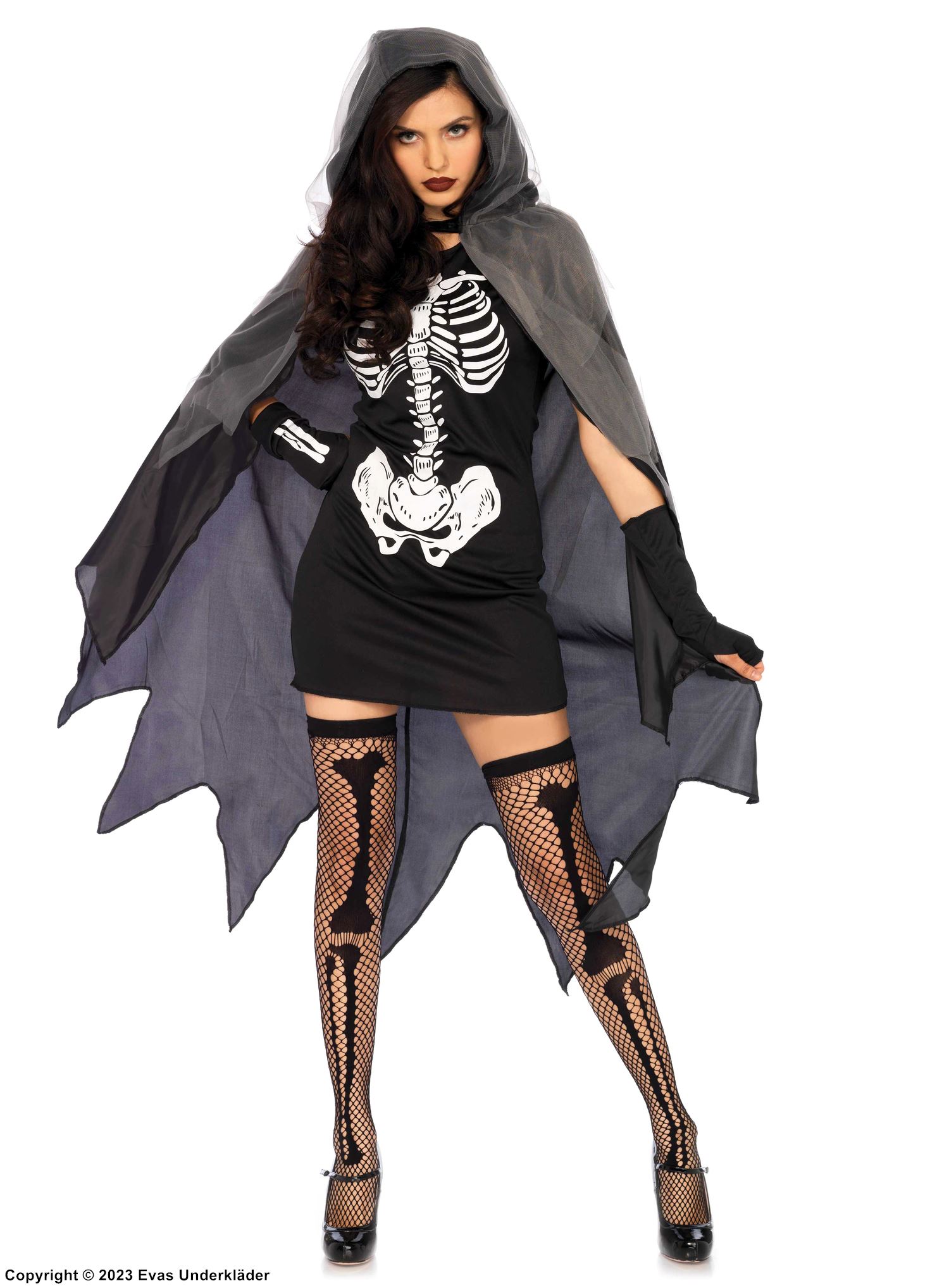 Halloween theme, costume dress, hood, tatters, skeleton